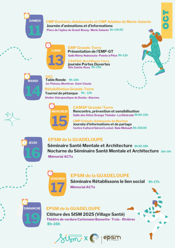 Calendrier des événements de la semaine de la santé mentale en Guadeloupe, répertoriant les activités du 11 au 19 octobre, y compris les séminaires, les ateliers et les journées portes ouvertes dans divers lieux.